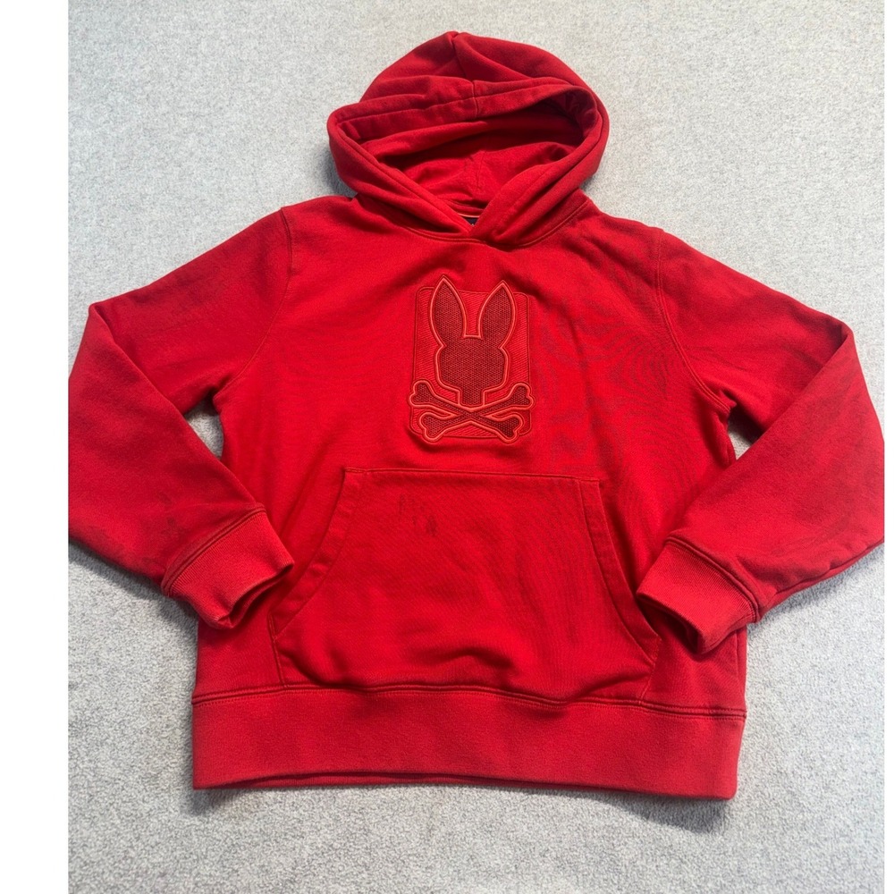 Psycho Bunny Red Hoodie Kids Medium Tonal Bunny Skull Logo Pullover Sweatshirt